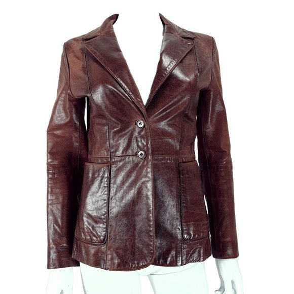 River Island Jackets & Blazers - Vtg River Island Red Distressed Leather Long Sleeve Jacket UK 8 Button Pockets